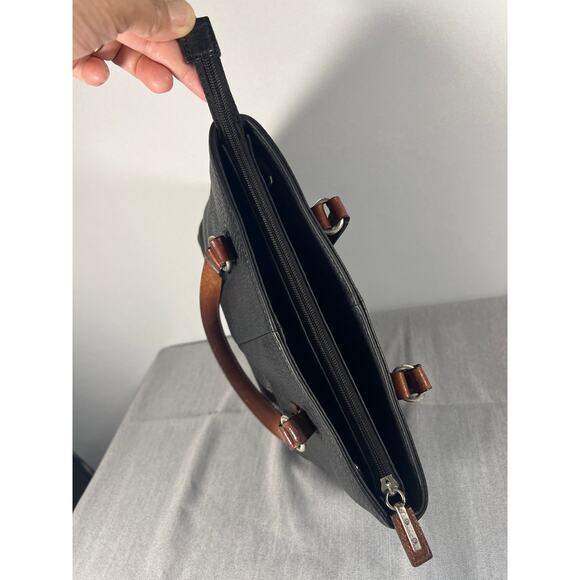 Fossil Leather Tote Bag, Black pebbled leather with brown handles. - Picture 11 of 12